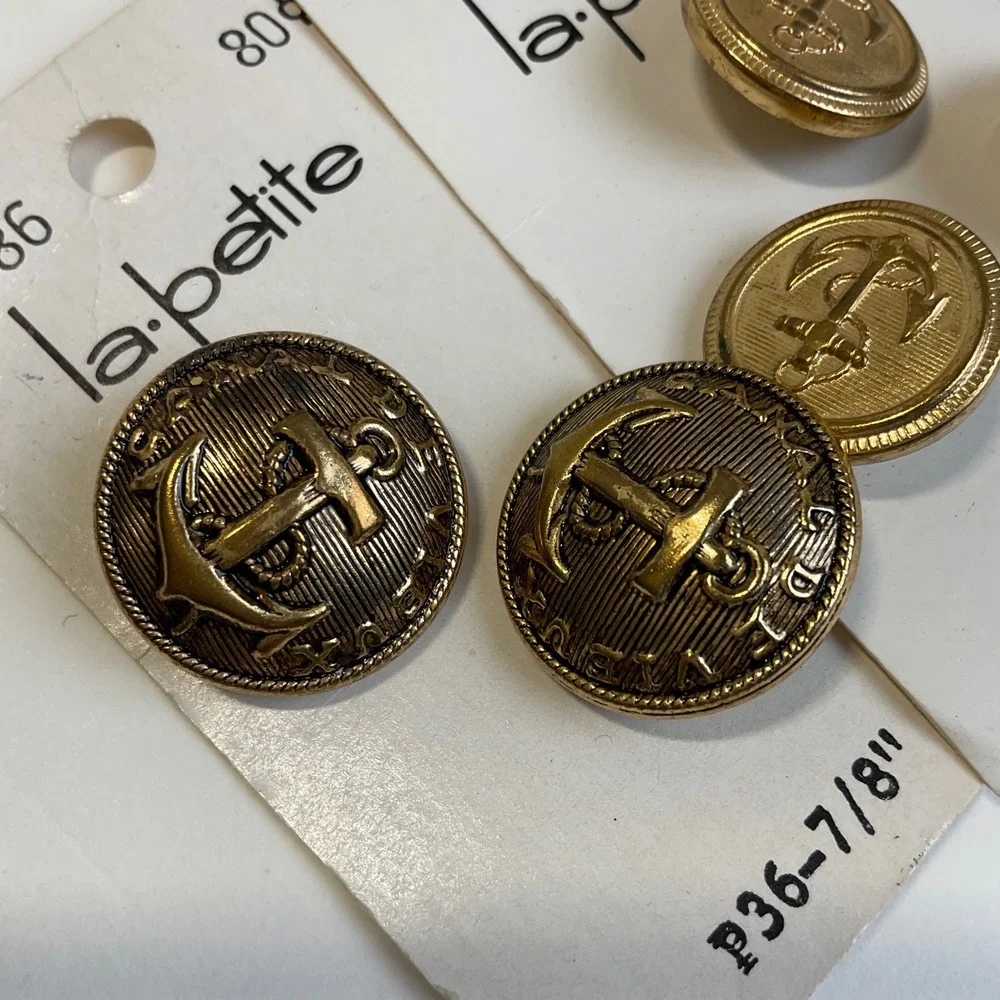 Vintage La Petite Brass Tone Anchor Buttons Nautical 7/8 and 3/4 Inch Lot of 5